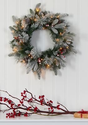 Nearly Natural Flocked Pine Christmas Wreath with Pine Cones and Berries