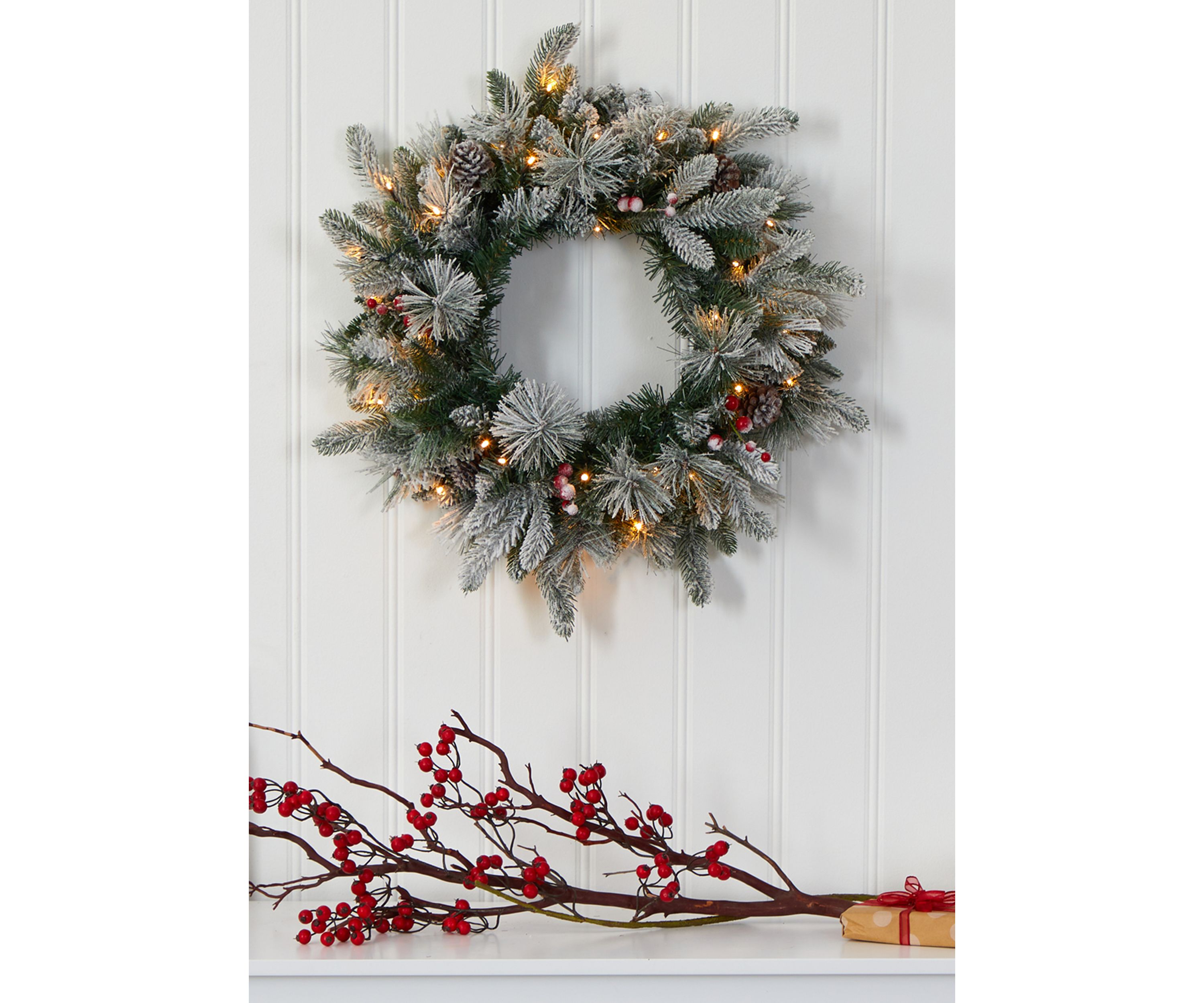 Flocked Pine Christmas Wreath with Pine Cones and Berries