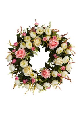 Nearly Natural 20-Inch White and Pink Rose Artificial Wreath