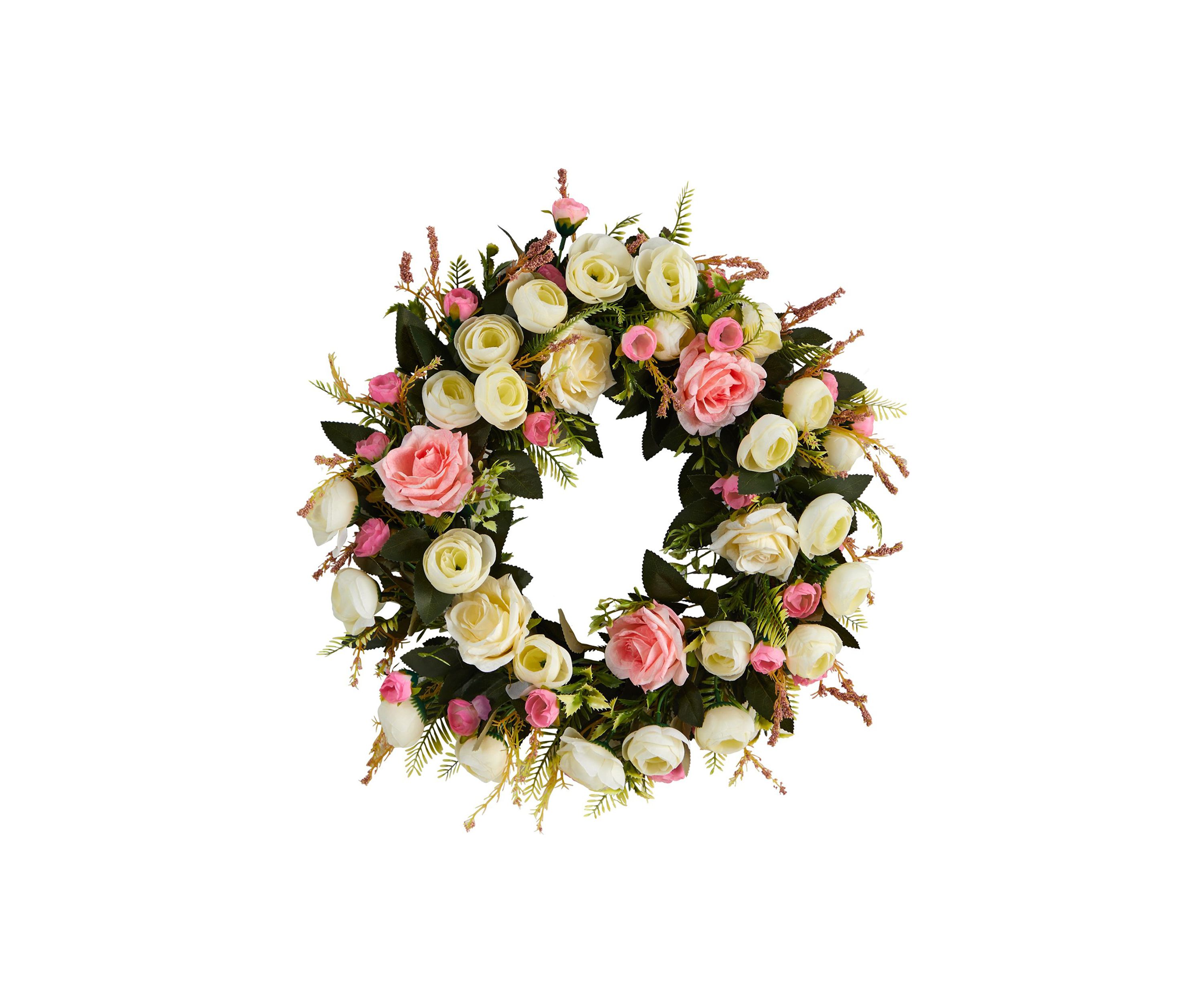 20-Inch White and Pink Rose Artificial Wreath