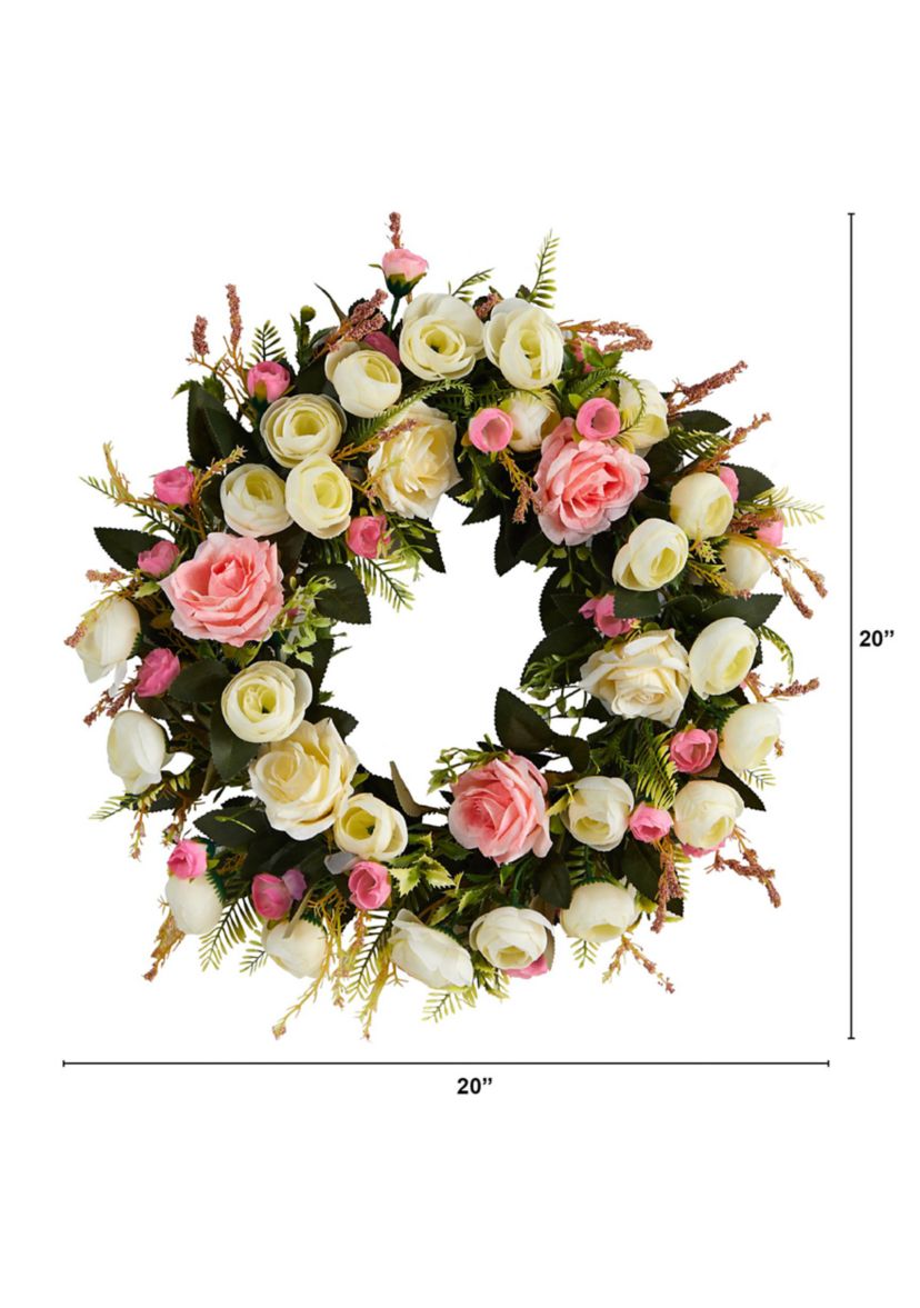 20-Inch White and Pink Rose Artificial Wreath