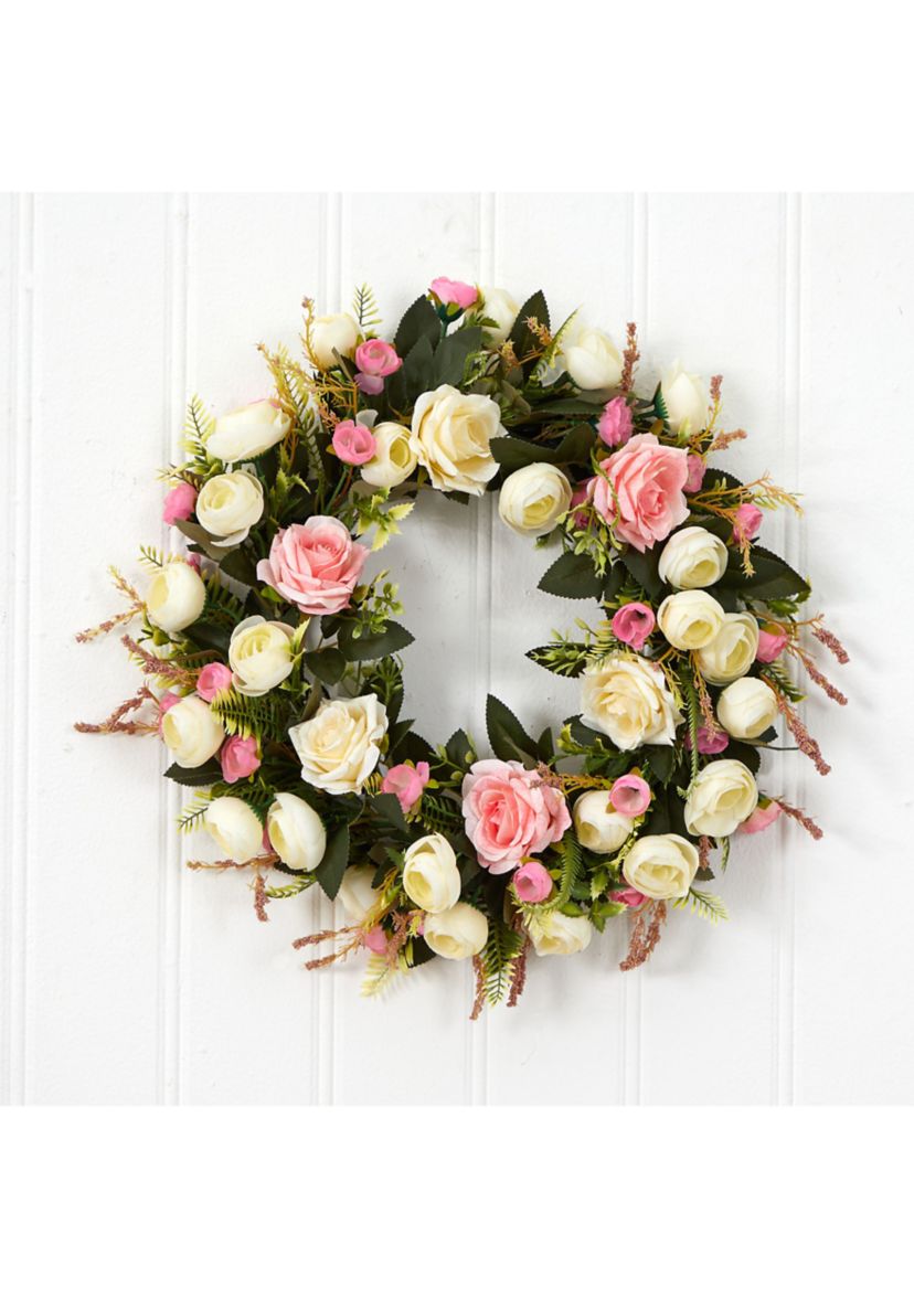 20-Inch White and Pink Rose Artificial Wreath