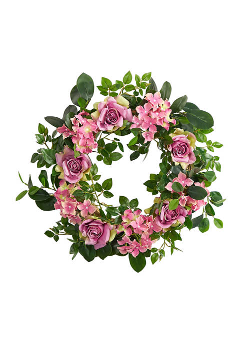 22" Pink Hydrangea and Rose Artificial Wreath