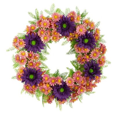 Nearly Natural 21-Inch Mixed Daisy Artificial Wreath, Purple