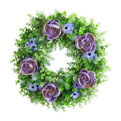 22-Inch Purple Rose, Blue Daisy and Greens Artificial Wreath