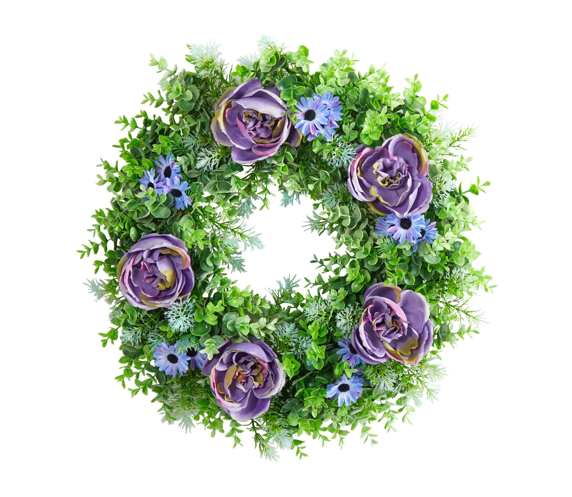 22-Inch Purple Rose, Blue Daisy and Greens Artificial Wreath