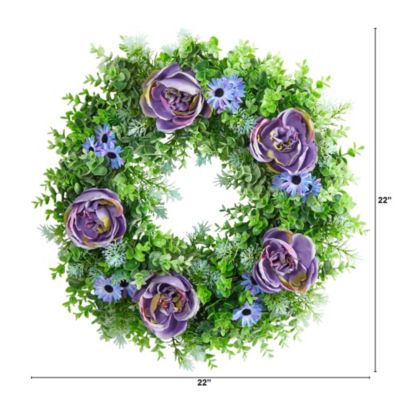 22-Inch Purple Rose, Blue Daisy and Greens Artificial Wreath