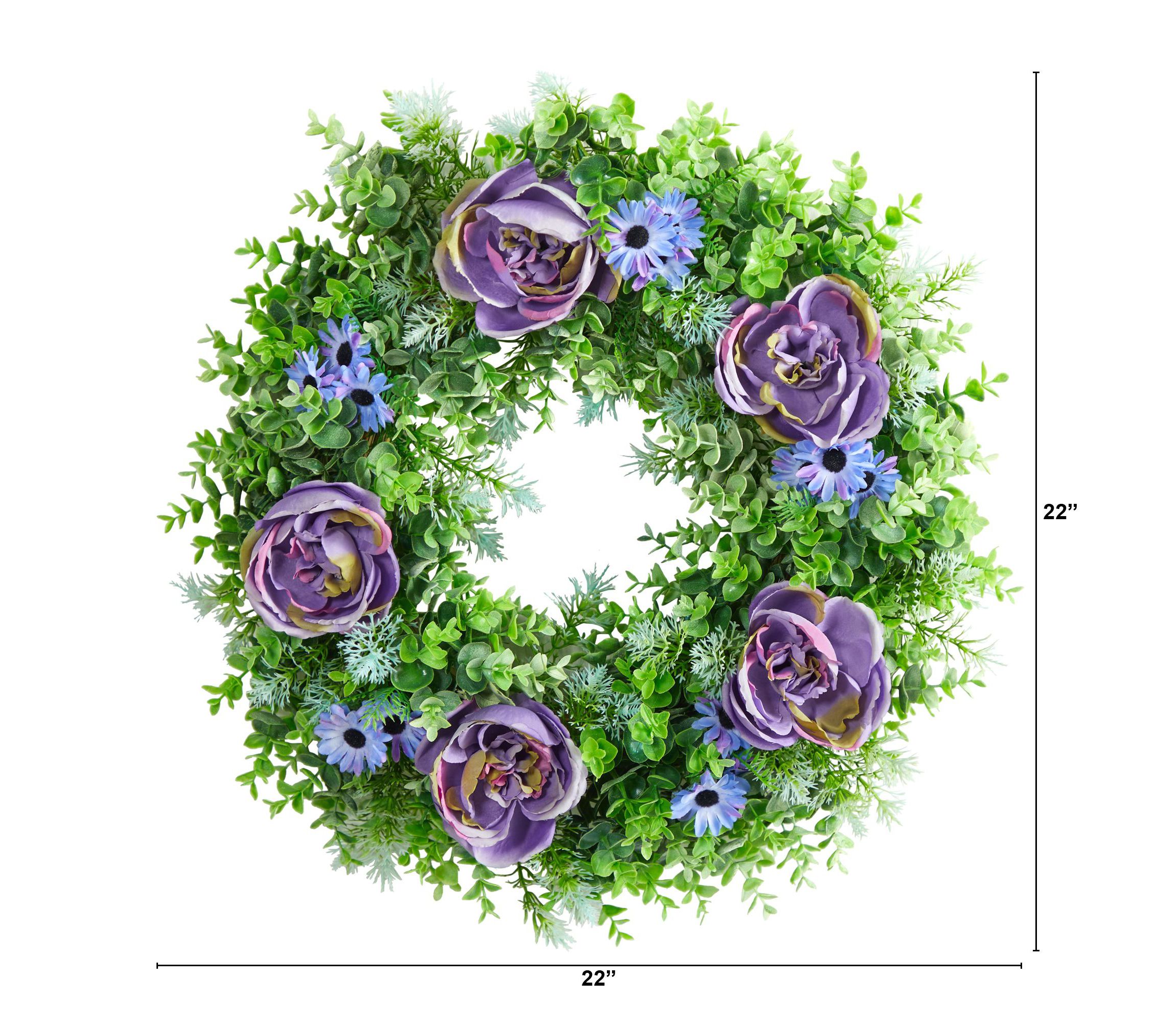 22-Inch Purple Rose, Blue Daisy and Greens Artificial Wreath