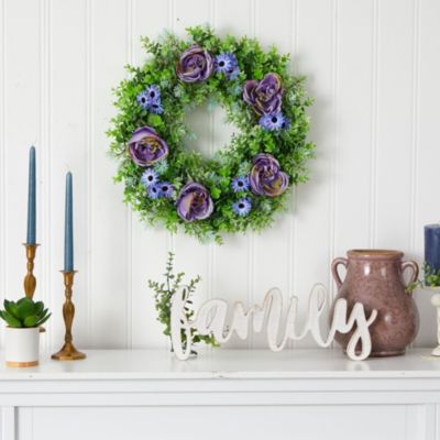 22-Inch Purple Rose, Blue Daisy and Greens Artificial Wreath