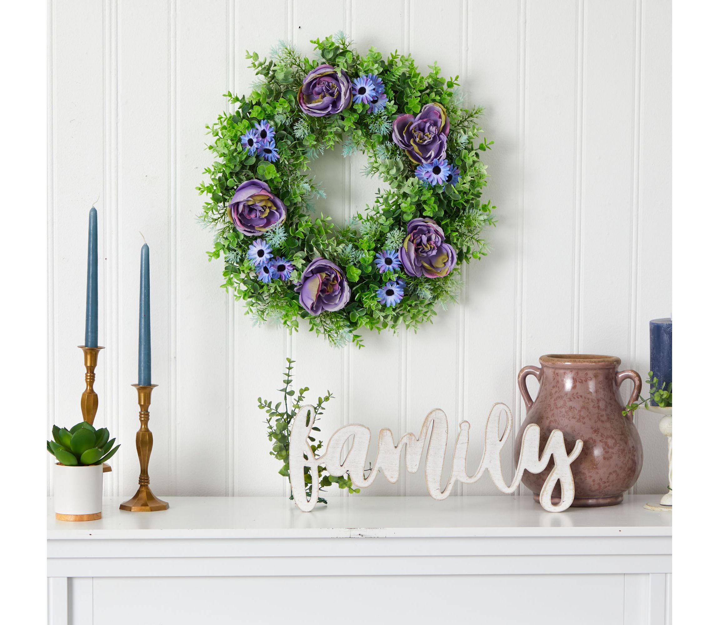 22-Inch Purple Rose, Blue Daisy and Greens Artificial Wreath