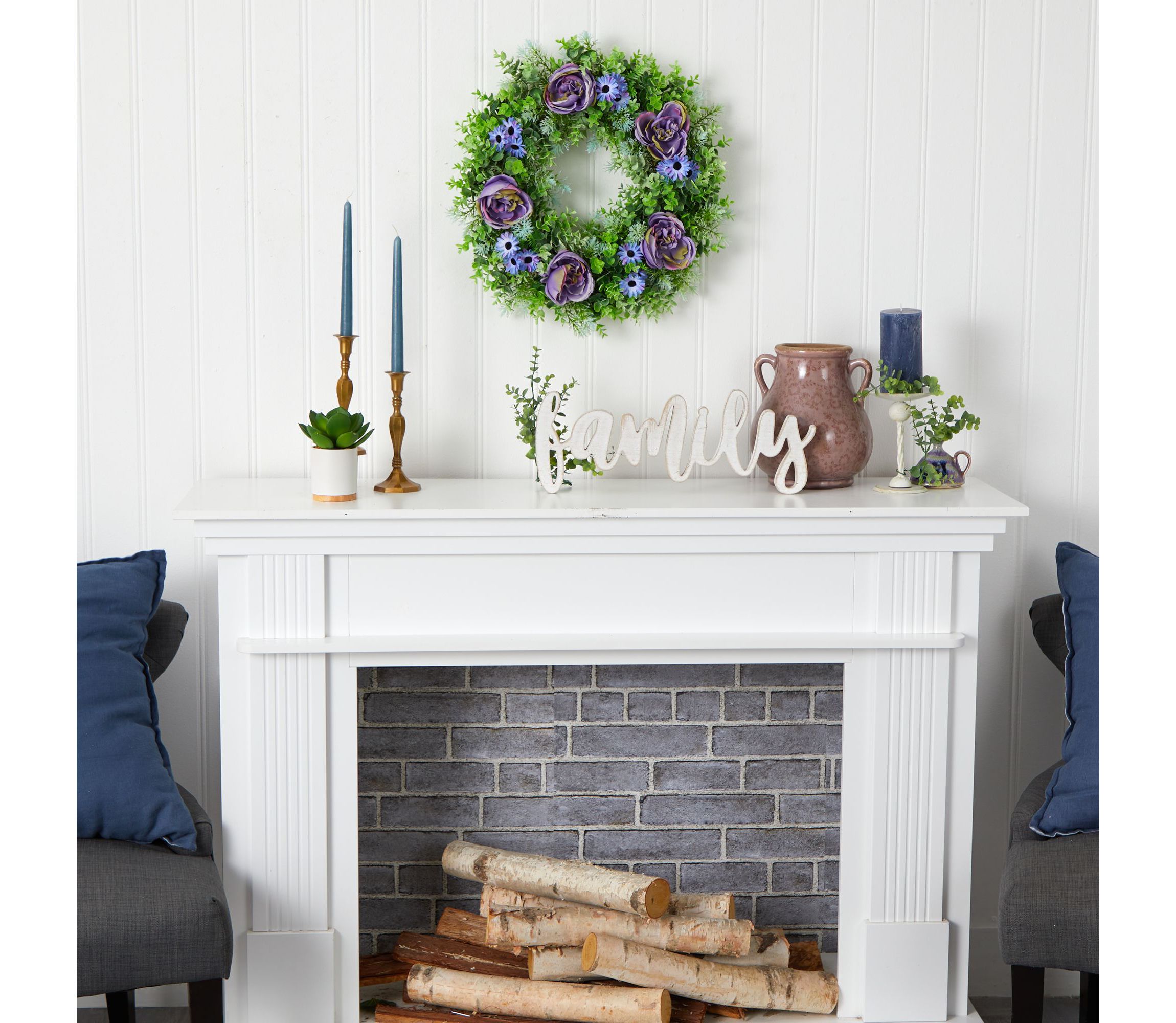 22-Inch Purple Rose, Blue Daisy and Greens Artificial Wreath