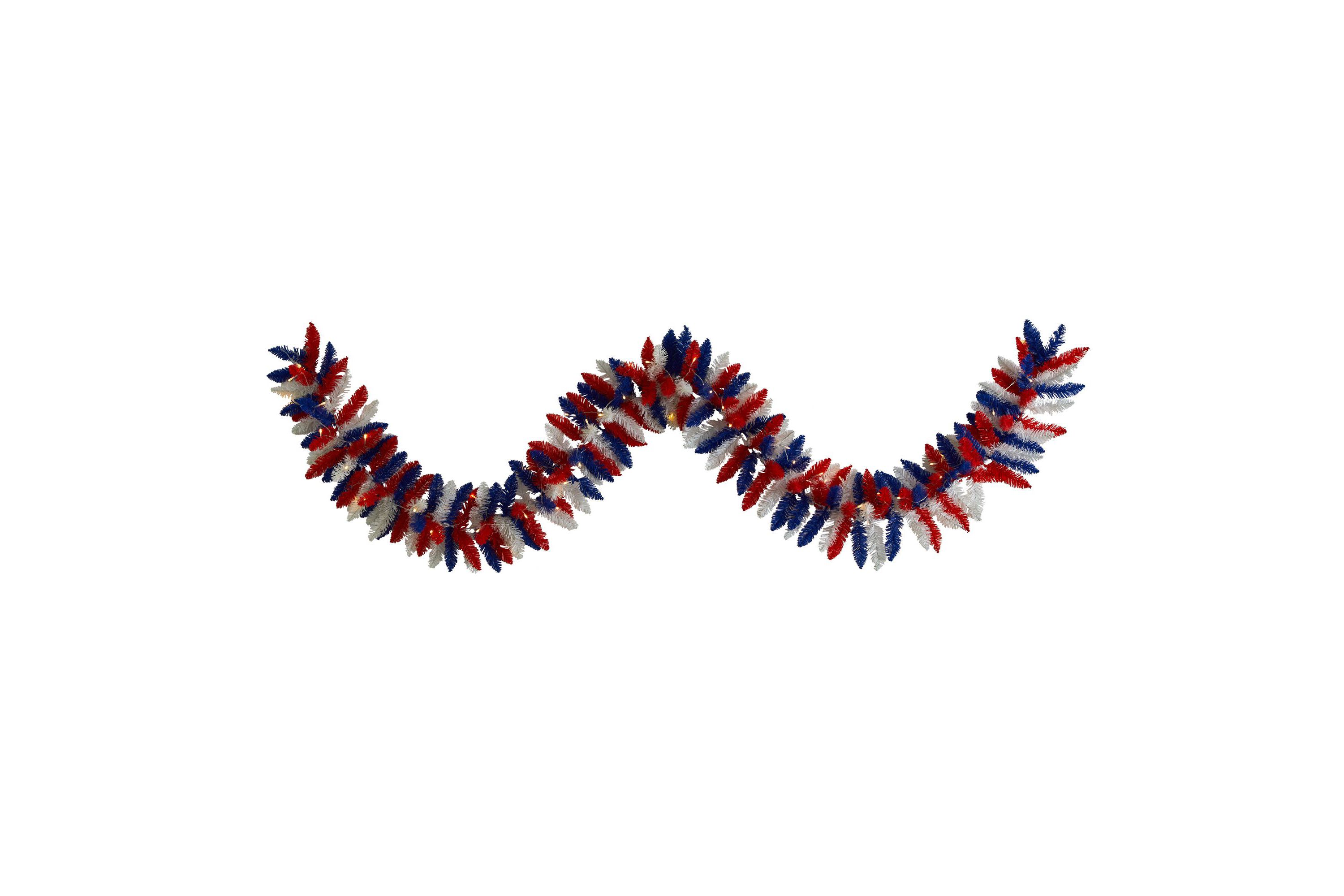 9-Foot Patriotic American Flag Themed Artificial Garland with 50 Warm LED Lights