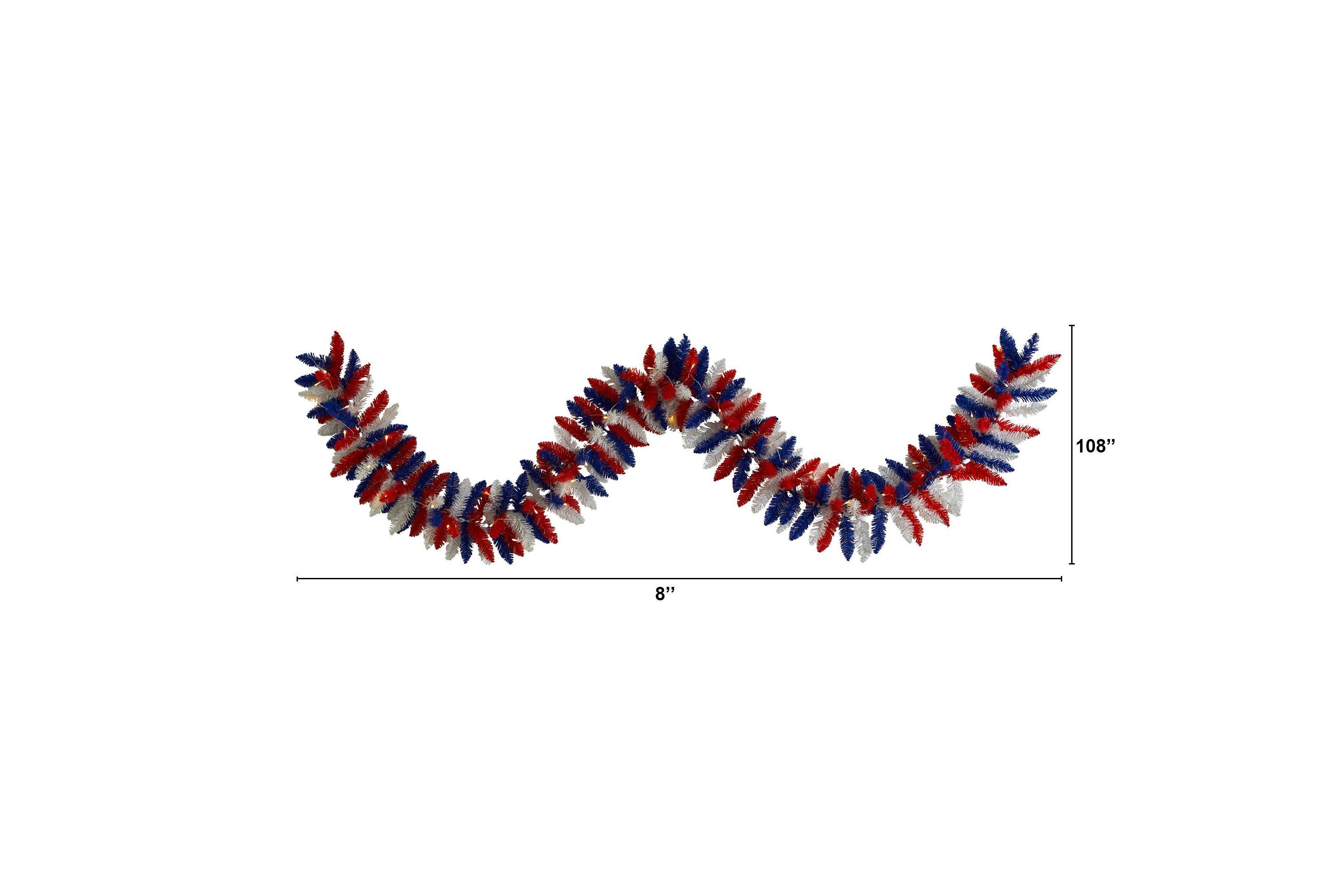 9-Foot Patriotic American Flag Themed Artificial Garland with 50 Warm LED Lights