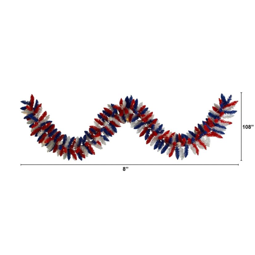 9-Foot Patriotic American Flag Themed Artificial Garland with 50 Warm LED Lights