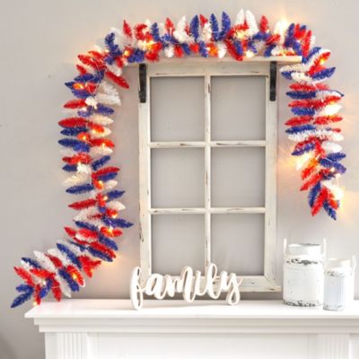 9-Foot Patriotic American Flag Themed Artificial Garland with 50 Warm LED Lights