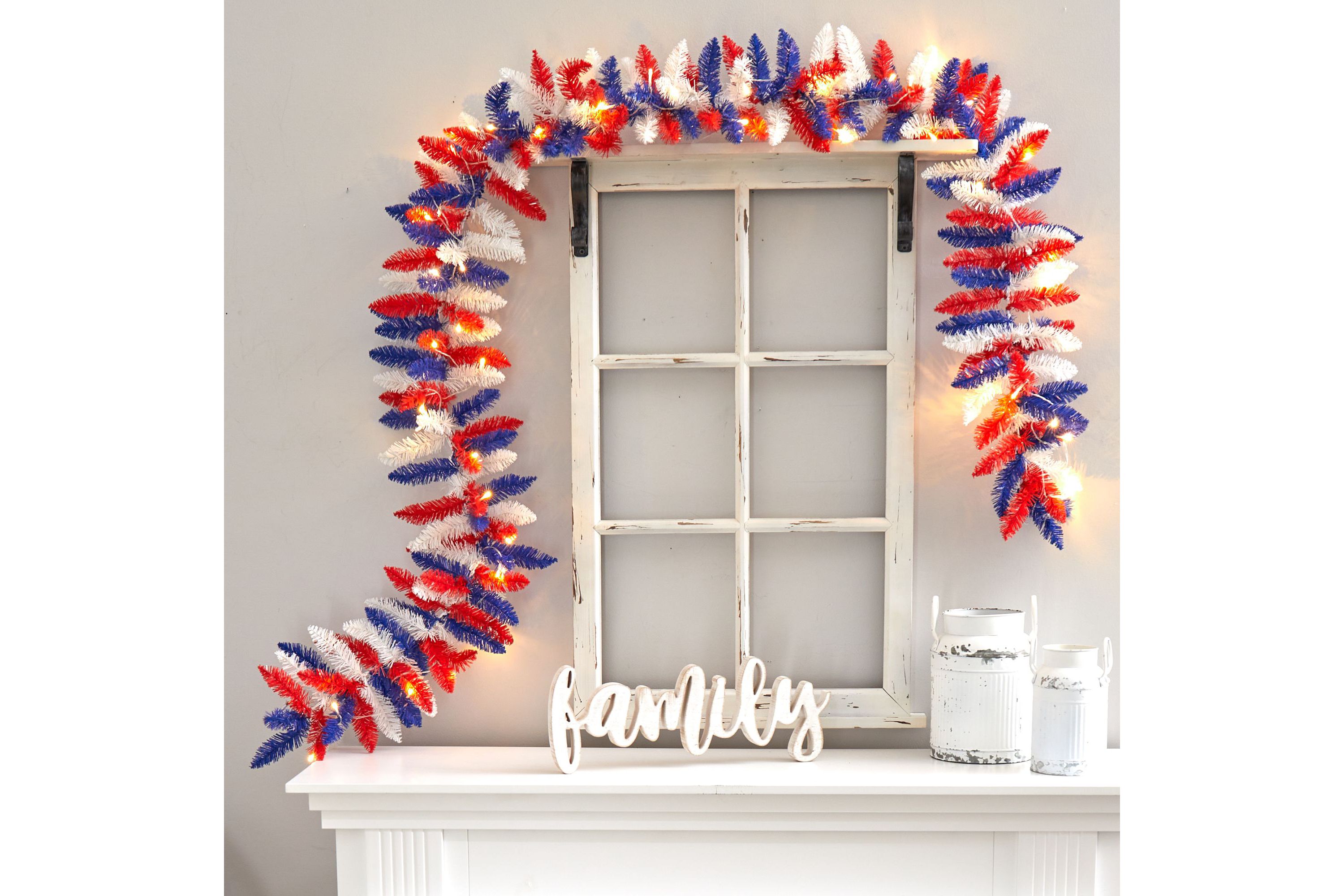 9-Foot Patriotic American Flag Themed Artificial Garland with 50 Warm LED Lights