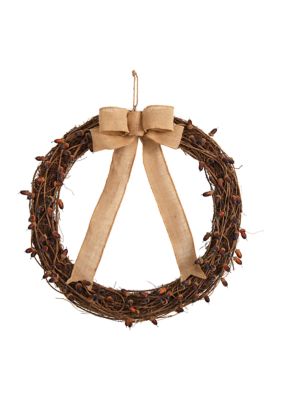 Nearly Natural 30 Inch Fall Acorn and Decorative Bow Autumn Wreath, Brown