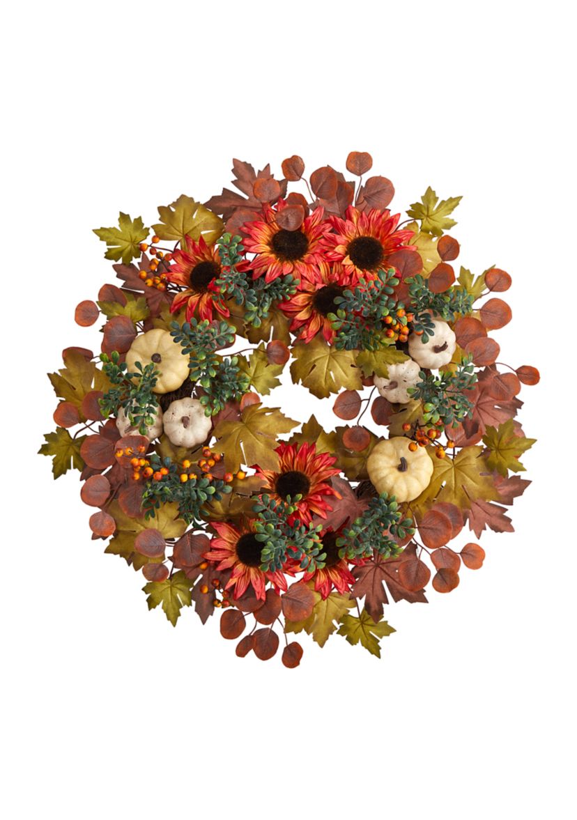 30 Inch Fall Acorn, Sunflower, Berries, Pumpkins and Autumn Foliage Artificial Wreath