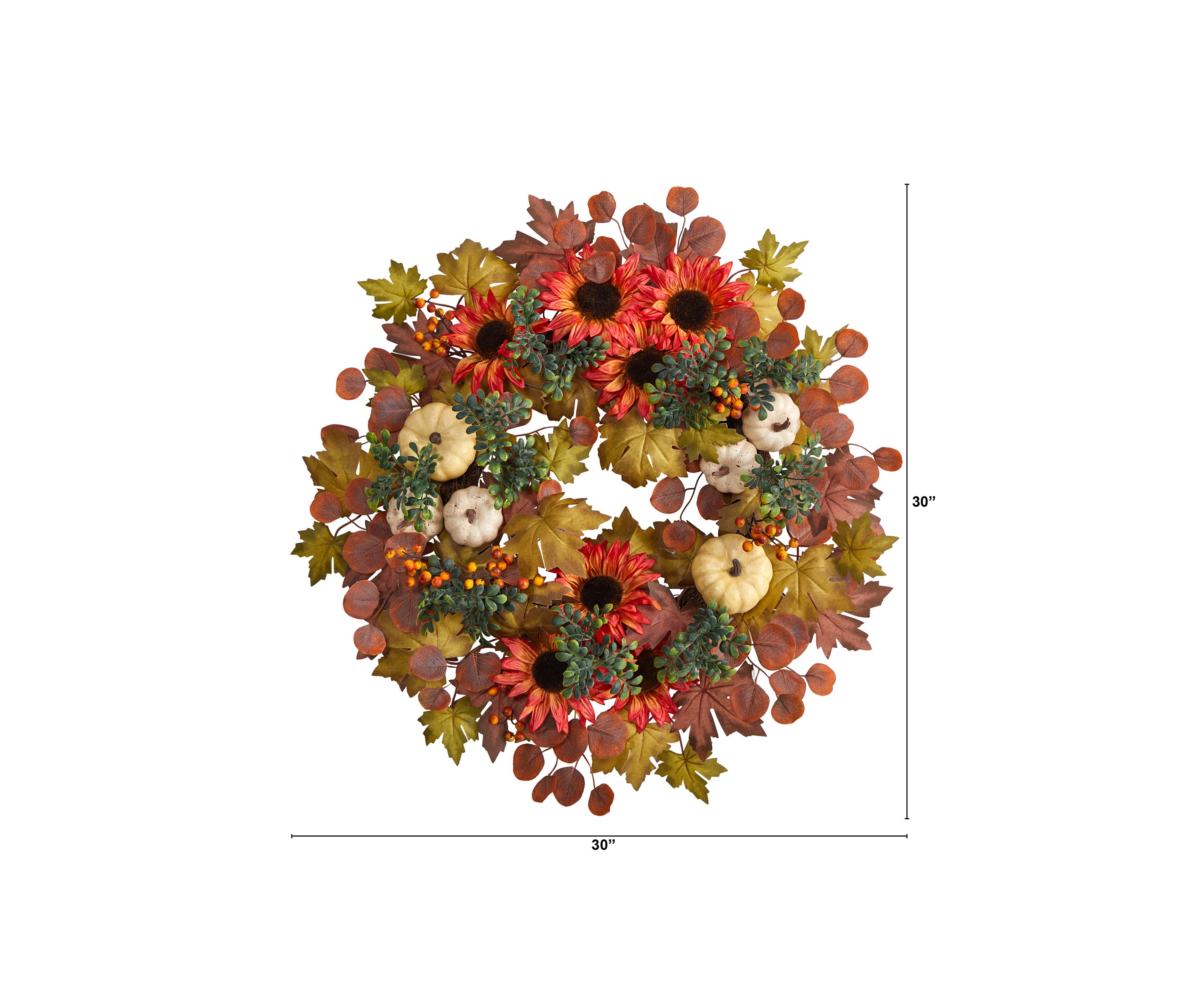 30 Inch Fall Acorn, Sunflower, Berries, Pumpkins and Autumn Foliage Artificial Wreath