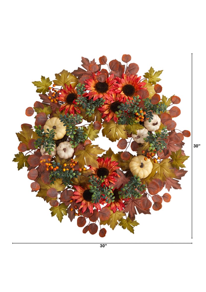 30 Inch Fall Acorn, Sunflower, Berries, Pumpkins and Autumn Foliage Artificial Wreath