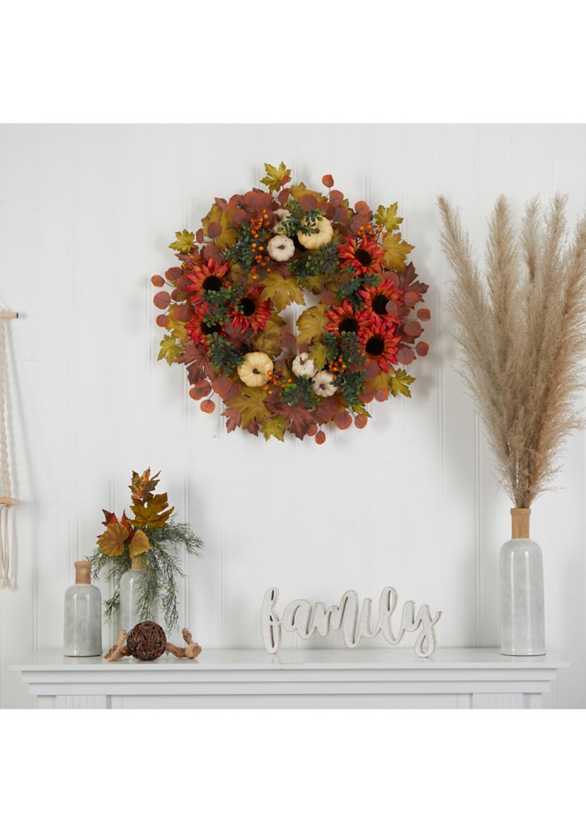 30 Inch Fall Acorn, Sunflower, Berries, Pumpkins and Autumn Foliage Artificial Wreath