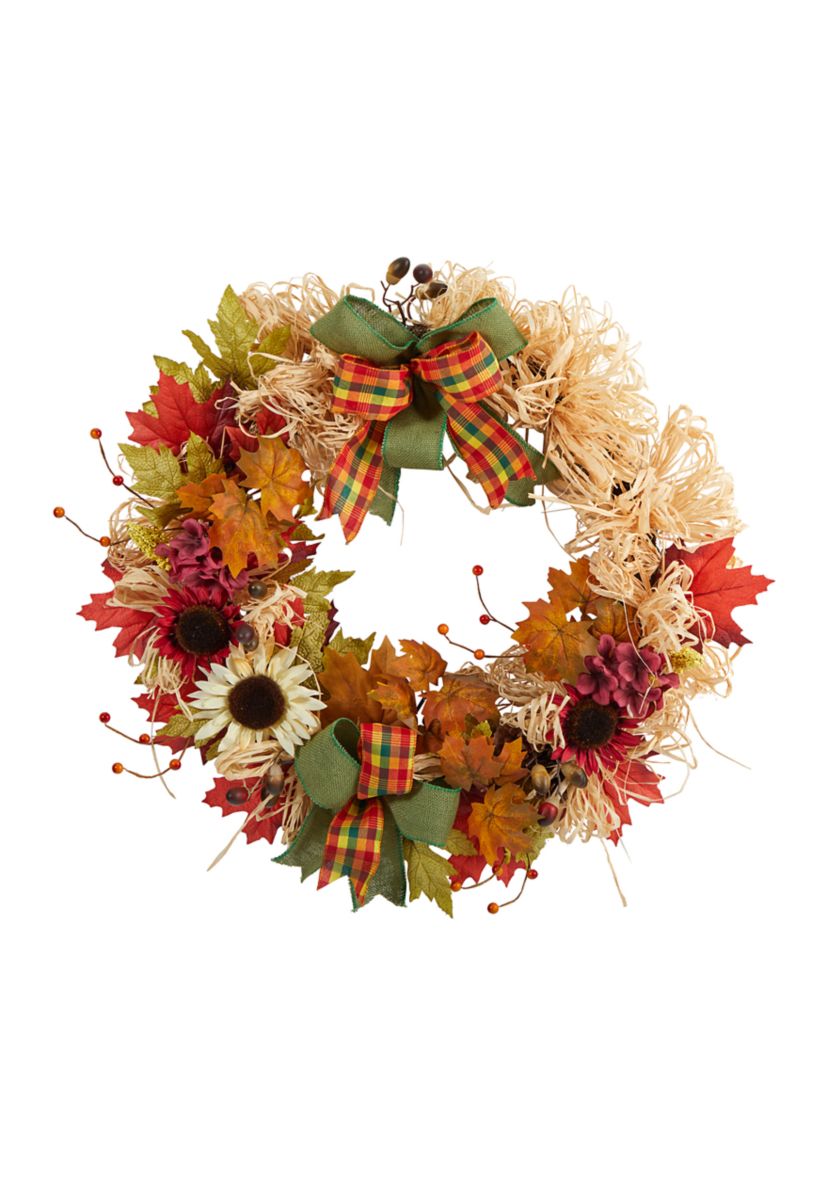 30 Inch Harvest Autumn Sunflower, Maple Leaves and Berries Artificial Fall Wreath with Decorative Bows