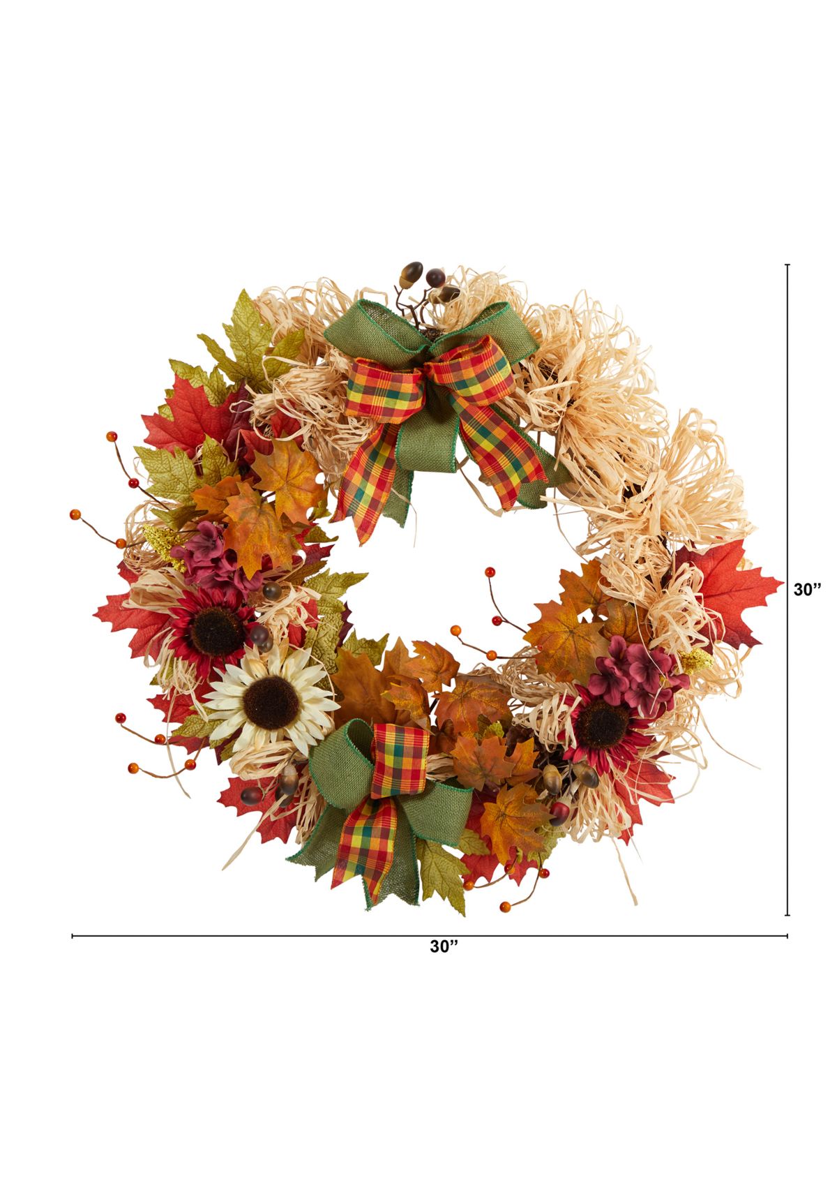 30 Inch Harvest Autumn Sunflower, Maple Leaves and Berries Artificial Fall Wreath with Decorative Bows