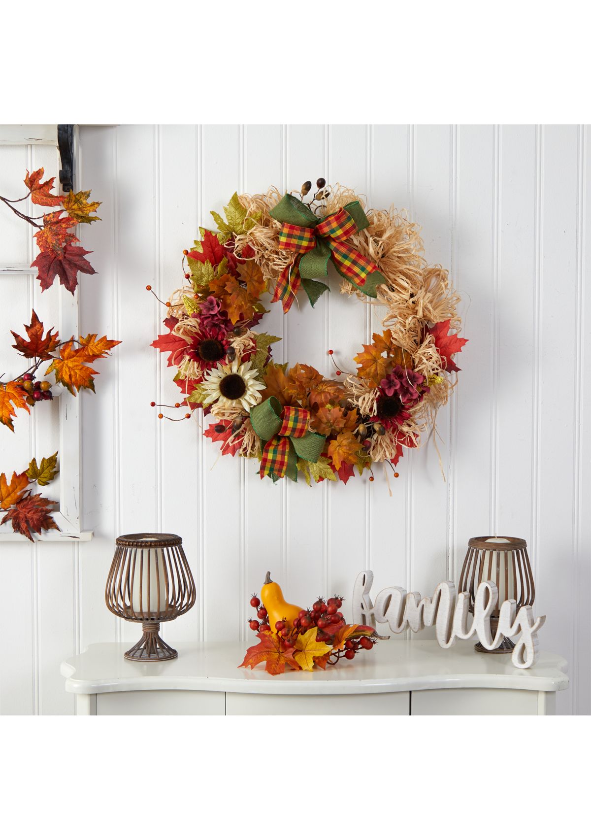 30 Inch Harvest Autumn Sunflower, Maple Leaves and Berries Artificial Fall Wreath with Decorative Bows
