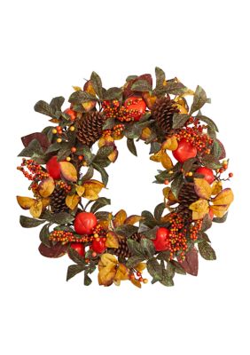 Nearly Natural 26 Inch Autumn Persimmon and Pinecones Artificial Fall Wreath