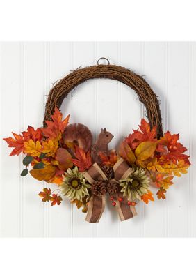 26 Inch Fall Harvest Artificial Autumn Wreath with Twig Base and Bunny