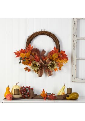 26 Inch Fall Harvest Artificial Autumn Wreath with Twig Base and Bunny
