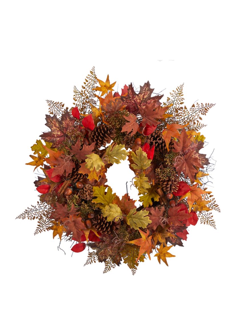 30 Inch Autumn Maple Leaves, Acorn, Pinecones and Cinnamon Sticks Artificial Fall Wreath
