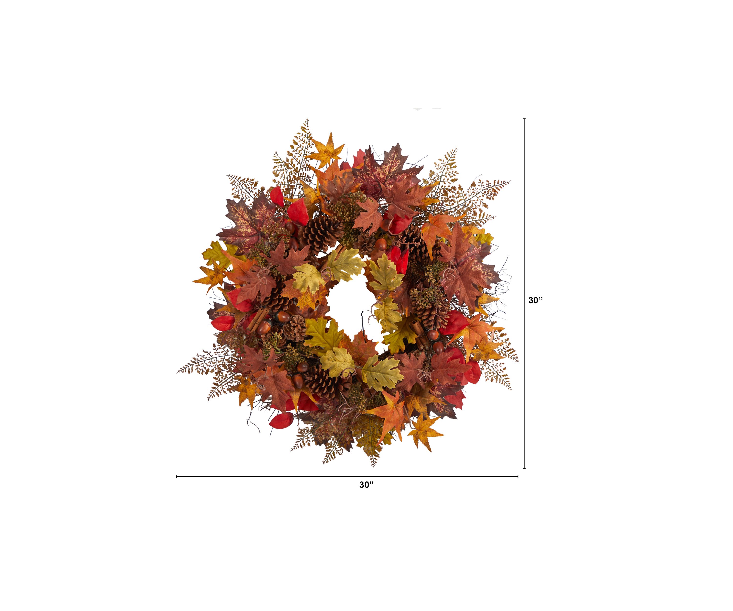 30 Inch Autumn Maple Leaves, Acorn, Pinecones and Cinnamon Sticks Artificial Fall Wreath