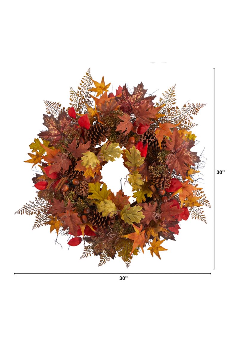 30 Inch Autumn Maple Leaves, Acorn, Pinecones and Cinnamon Sticks Artificial Fall Wreath