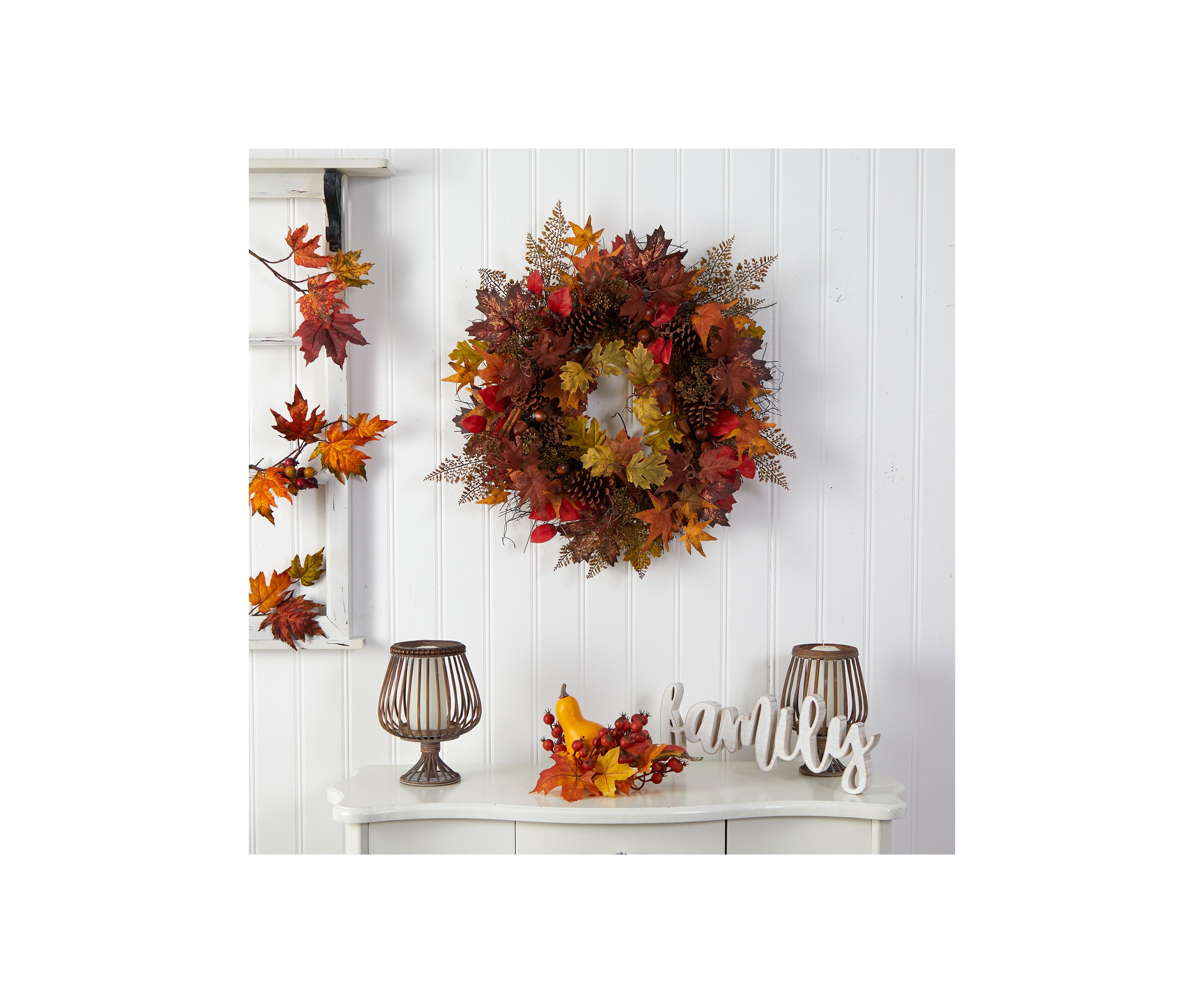 30 Inch Autumn Maple Leaves, Acorn, Pinecones and Cinnamon Sticks Artificial Fall Wreath