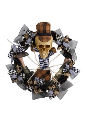 24 Inch Halloween Skull in Plaid Mesh Wreath