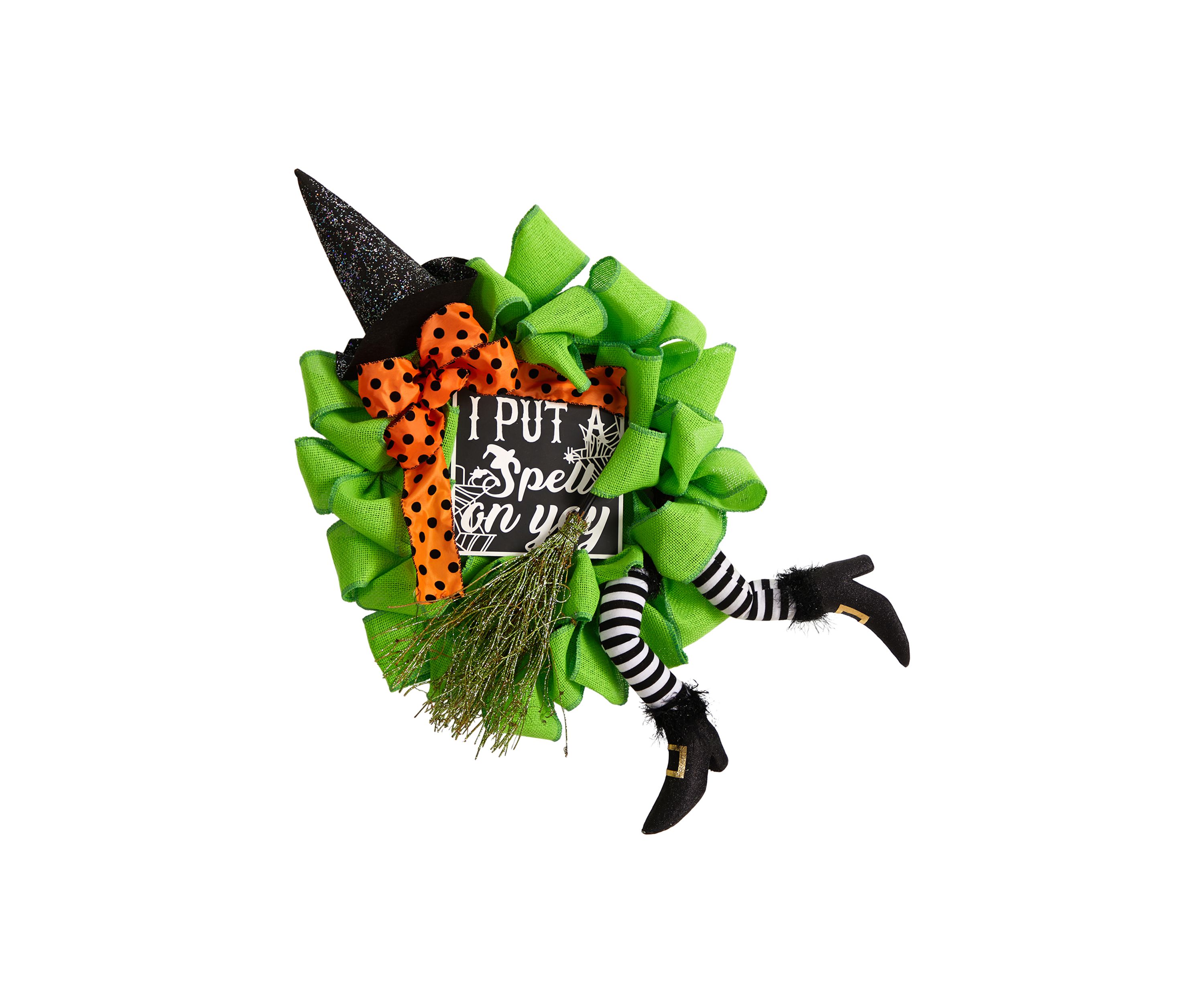 26 Inch Halloween Witch Broom and Hat Mesh Wreath