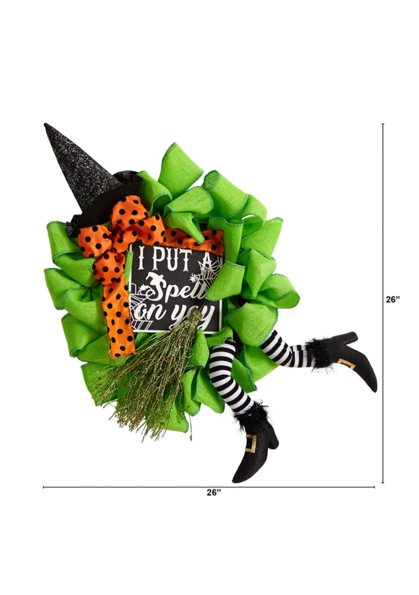 26 Inch Halloween Witch Broom and Hat Mesh Wreath