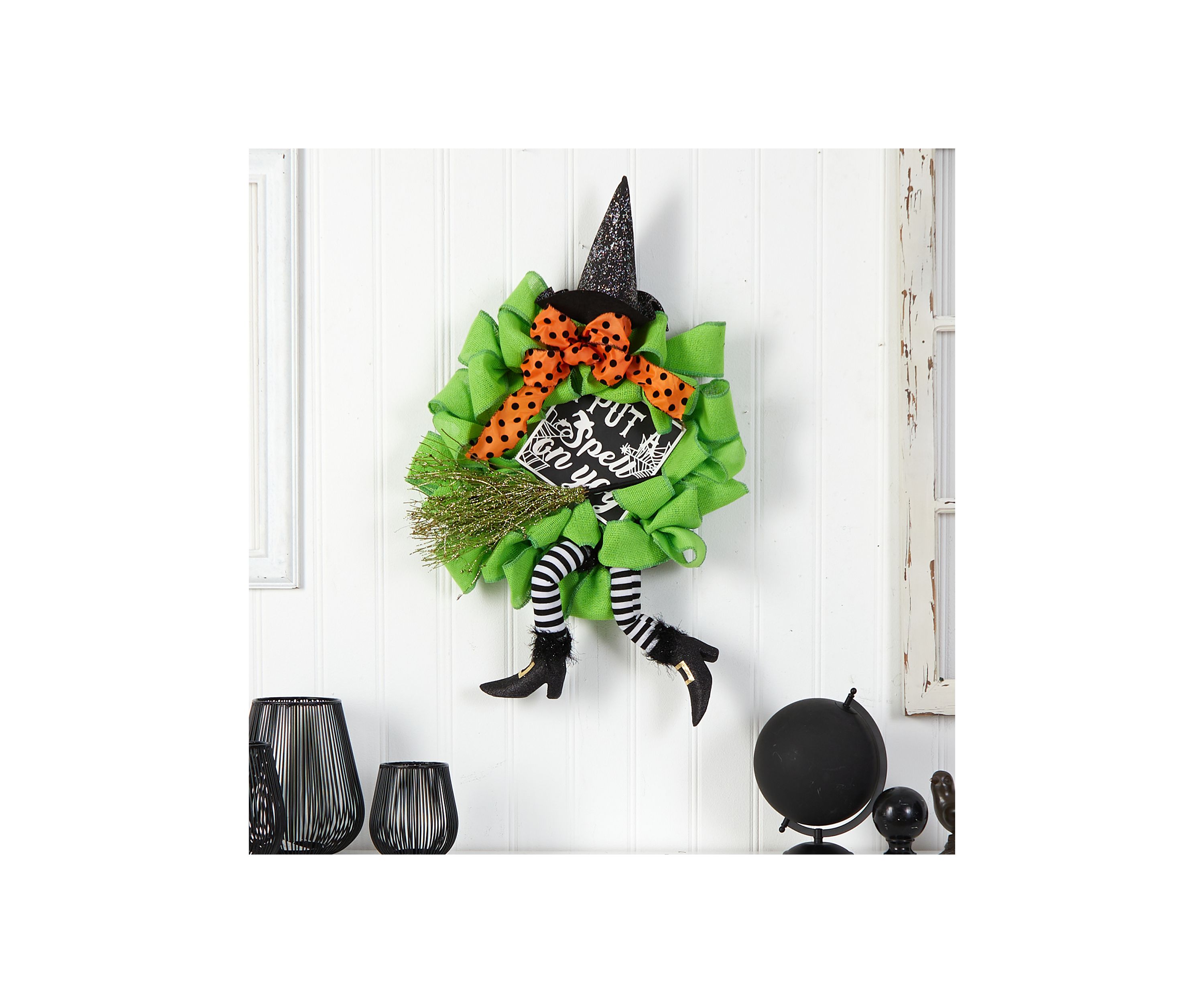 26 Inch Halloween Witch Broom and Hat Mesh Wreath