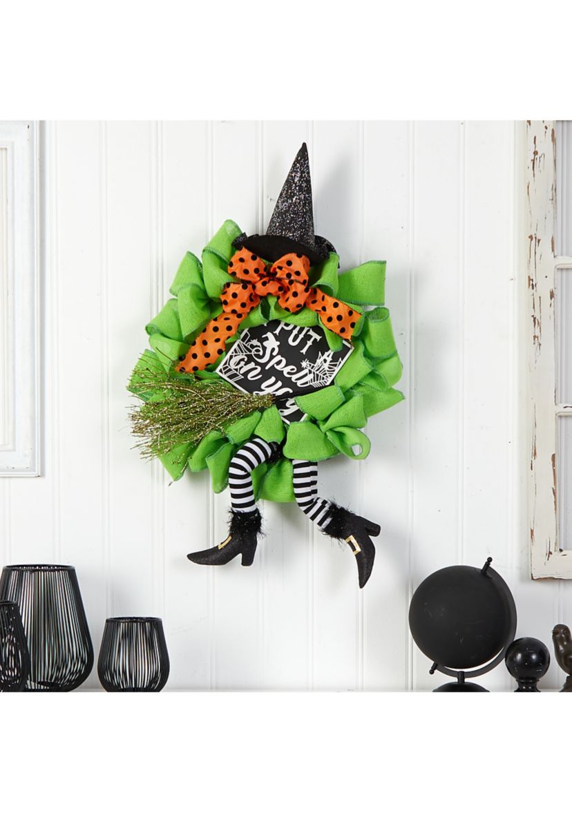 26 Inch Halloween Witch Broom and Hat Mesh Wreath