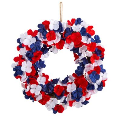 18-Inch Americana Patriotic Hydrangea Artificial Wreath Red White and Blue
