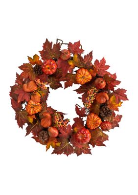 Nearly Natural 24 Inch Autumn Maple Leaves, Pumpkin, Pinecone and Berries Artificial Fall Wreath, Orange