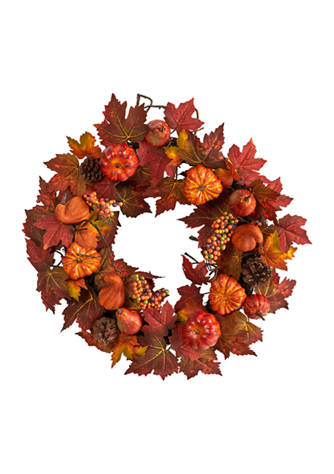 Artificial Wreath Maple Leaves Pumpkin and Berry Pinecone Harvest Wreath Garland Autumn Halloween Thanksgiving Day Wall Hanging Decoration Fall Wreath for Front Door 