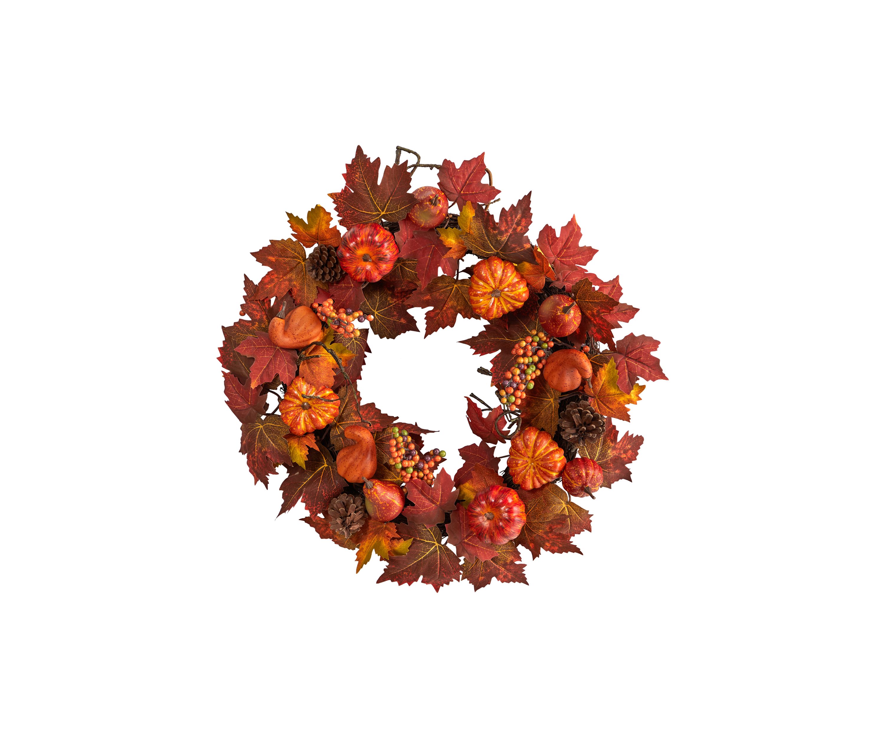 24 Inch Autumn Maple Leaves, Pumpkin, Pinecone and Berries Artificial Fall Wreath