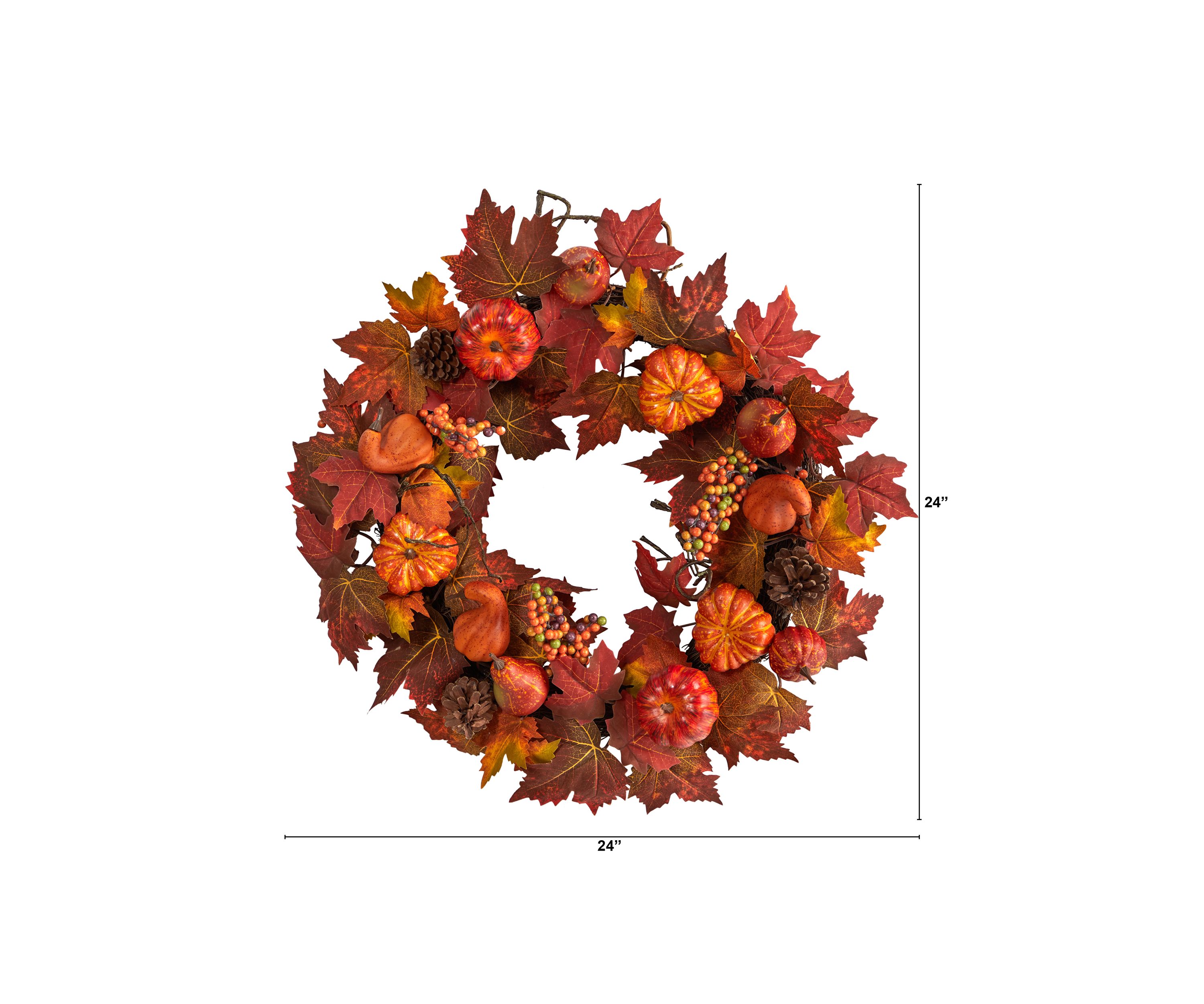 24 Inch Autumn Maple Leaves, Pumpkin, Pinecone and Berries Artificial Fall Wreath