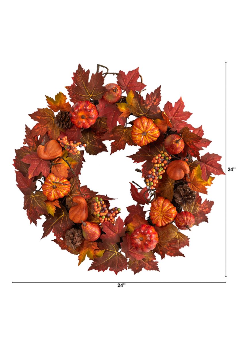 24 Inch Autumn Maple Leaves, Pumpkin, Pinecone and Berries Artificial Fall Wreath