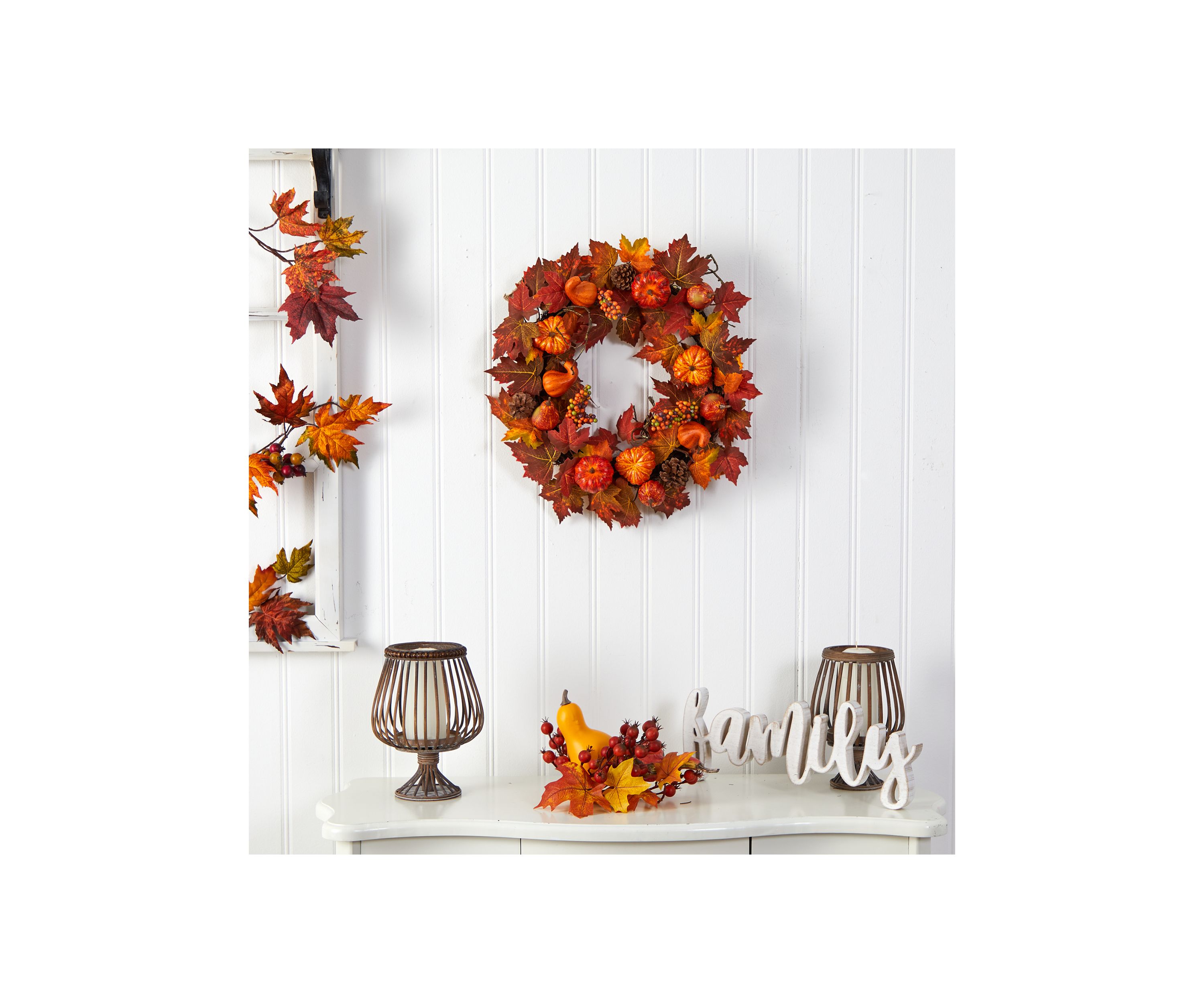 24 Inch Autumn Maple Leaves, Pumpkin, Pinecone and Berries Artificial Fall Wreath