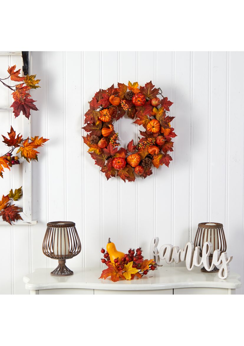 24 Inch Autumn Maple Leaves, Pumpkin, Pinecone and Berries Artificial Fall Wreath