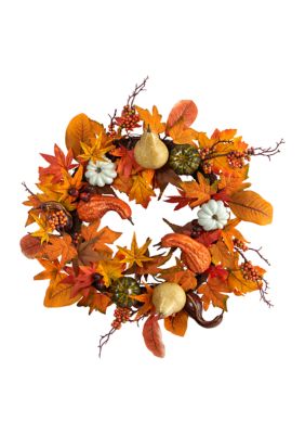 24 Inch Autumn Pumpkin, Gourd and Berries in Assorted Colors Artificial Fall Wreath