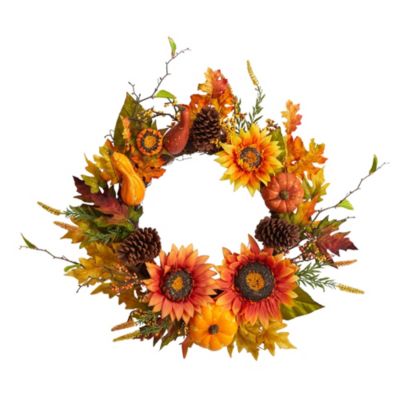 Nearly Natural 24-Inch Fall Sunflower, Pumpkin, Gourds, Pinecone and Berries Autumn Artificial Wreath, Orange